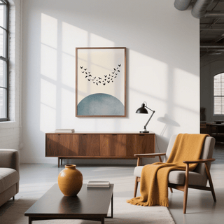 Minimal wall decor with flying birds silhouette and blue semicircle in a modern living room