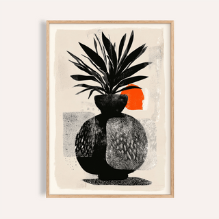 Framed Modern Indian Sun Plant wall art with black plant in vase and an orange sun detail