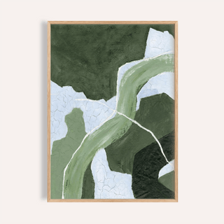 Framed Abstract Green Art Print showing a textured abstract flow in green and pale blue