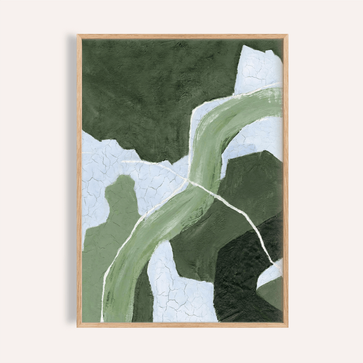 Framed Abstract Green Art Print showing a textured abstract flow in green and pale blue