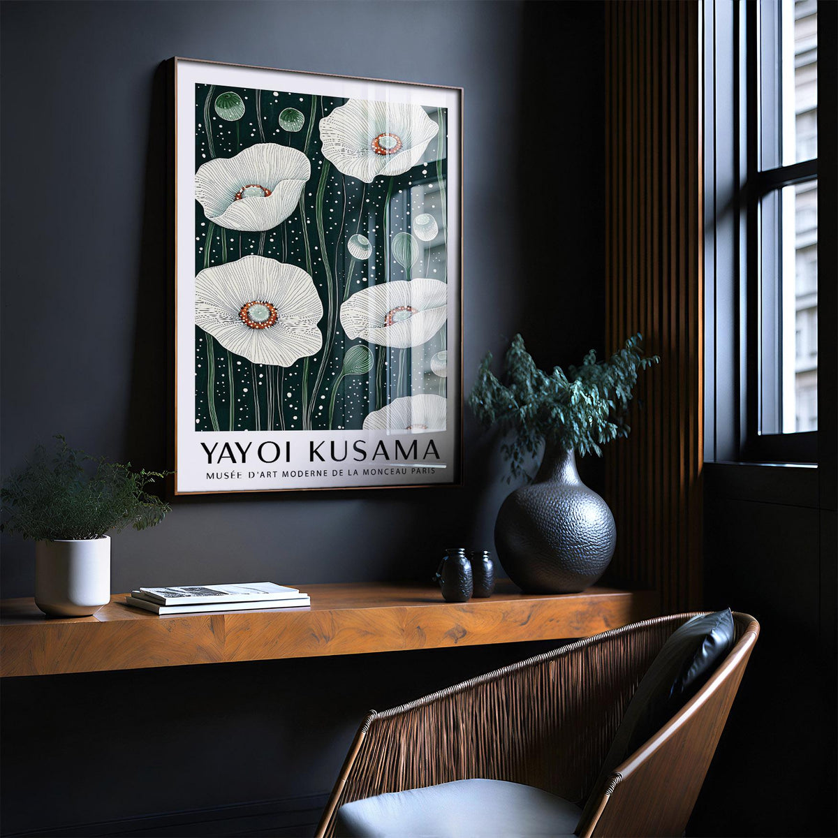 Poppy wall art showing white poppies and green stems above a wooden shelf with plant pots in a dark room