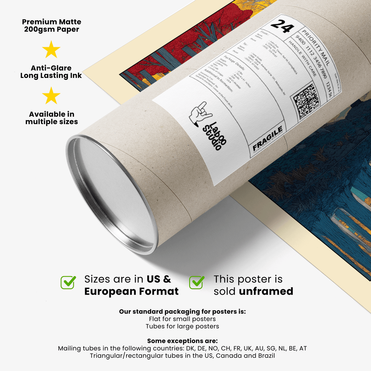 Rolled Hasui Kawase Serene Nature wall art with visible autumn colours alongside grey packaging tube
