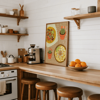 Print leaning on kitchen counter of Taco Wall Art with warm colours and plants near kitchen appliances
