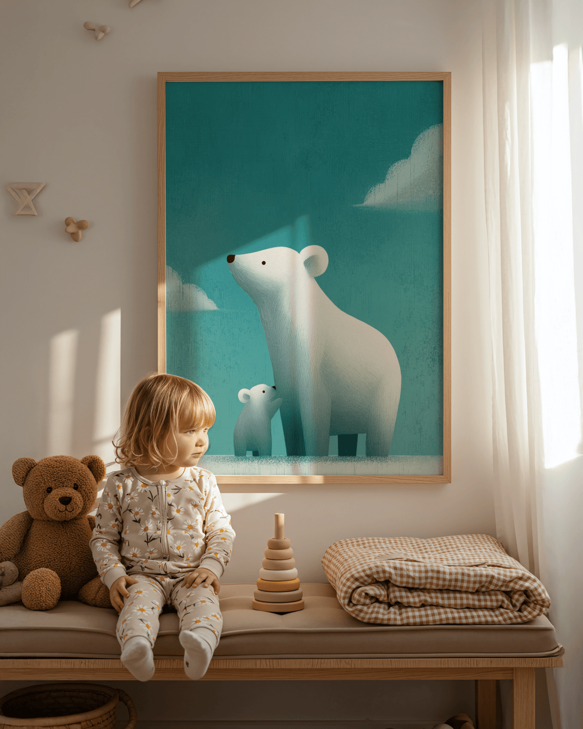Polar Bear Print on a nursery wall with light wood frame beside a child and teddy bear
