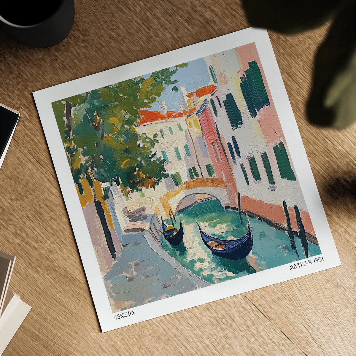 Detail close-up of Venice wall art showing gondolas on a canal with green and pink buildings