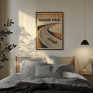 Minimal graphic motorsport print poster showing track perspective and speed lines in orange and grey