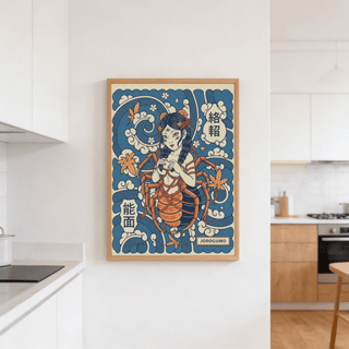Jorogumo Art print of a spider woman mythical creature in blue and orange hanging in a kitchen