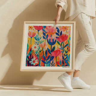 Framed Matisse Exhibition Poster with colourful flowers in minimalist style held by a person