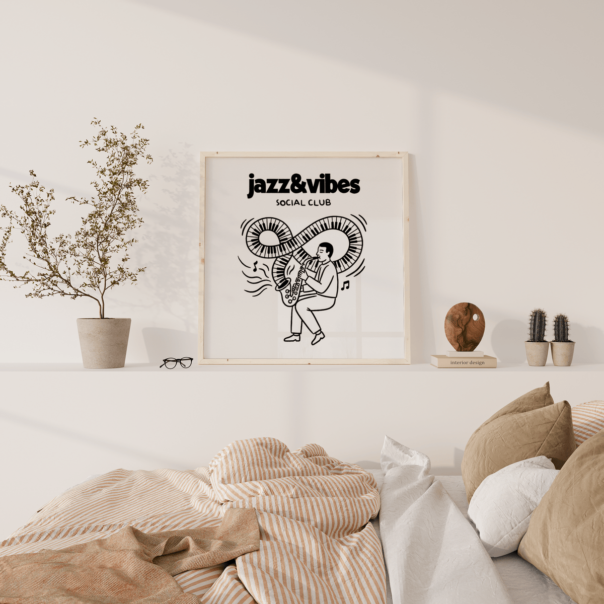 Jazz Social Club Art Print framed line-art of a man playing saxophone on a shelf above a bed