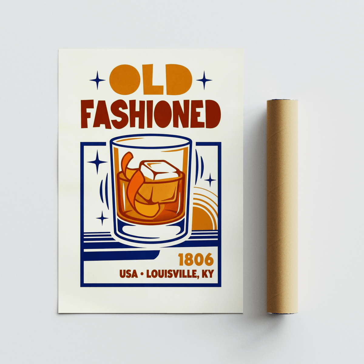 Old Fashioned Art Print next to a brown packaging tube on a white surface