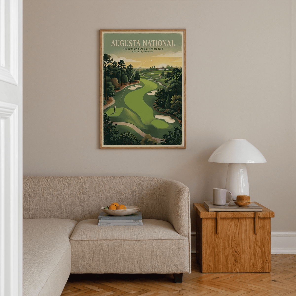 Southern Golf Course Poster print of a vintage golf fairway scene with green and beige tones above a wooden side table