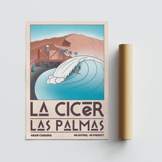 Las Palmas wall art with surfer on wave and minimalist style rolled beside it
