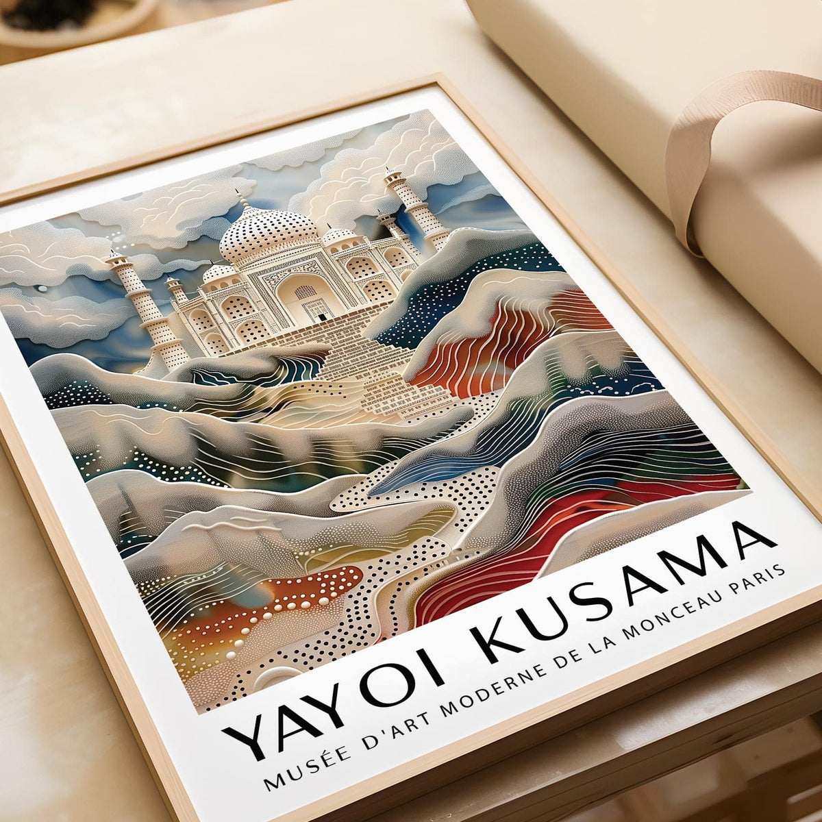 Framed Surreal Taj Mahal Art with flowing colourful hills and dotted patterns on a table