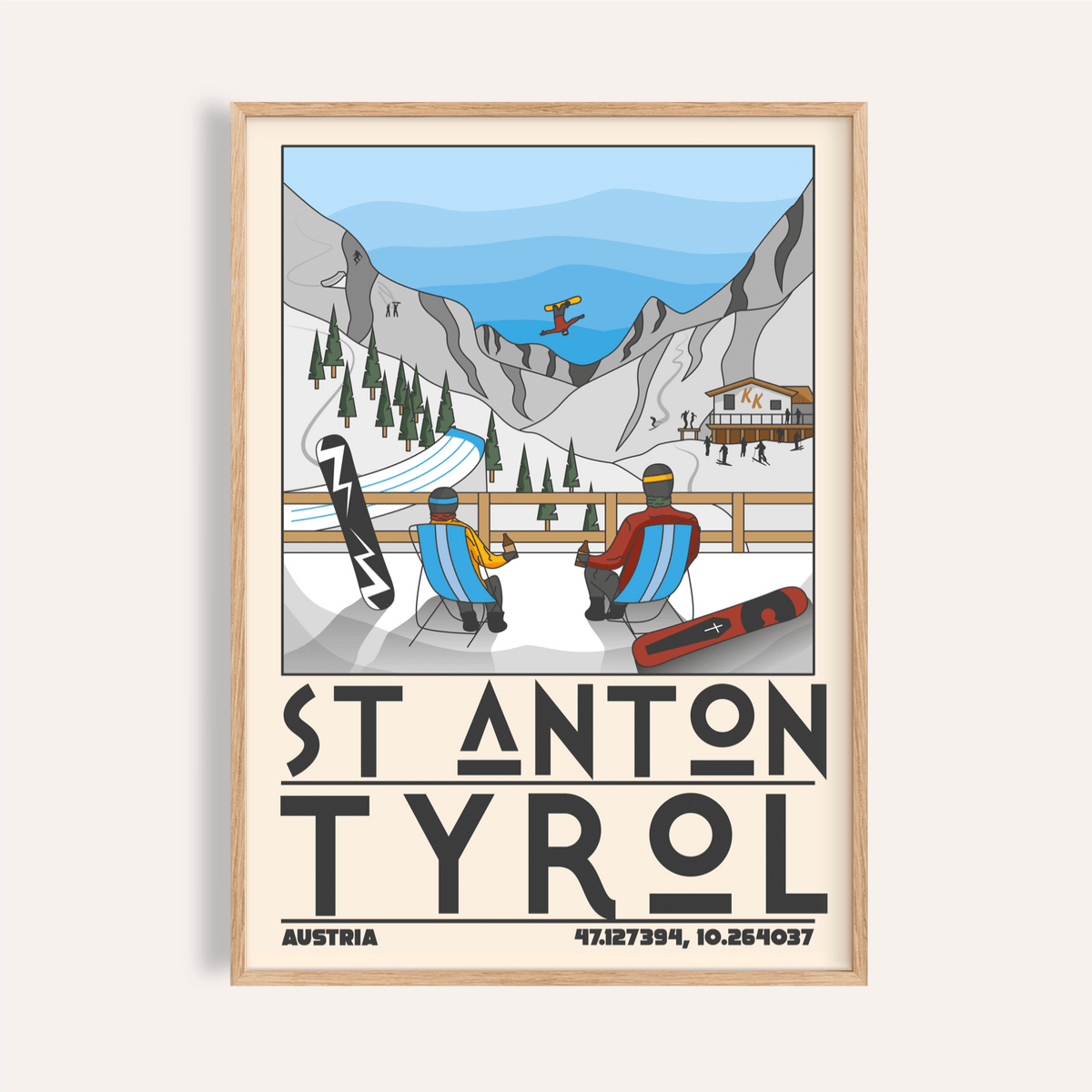 Framed St Anton Tyrol Art Print of a ski resort scene with mountain backdrop and two seated figures