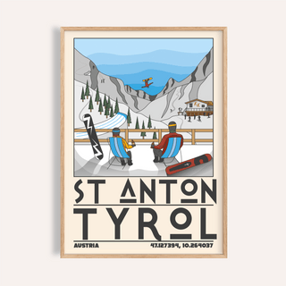 Framed St Anton Tyrol Art Print of a ski resort scene with mountain backdrop and two seated figures