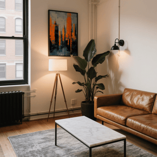 Contemporary Urban Art print of abstract skyscrapers in orange and navy in a living room with a lamp