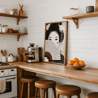 Japanese Geisha Art print leaning on a kitchen counter with oranges nearby and wooden shelves