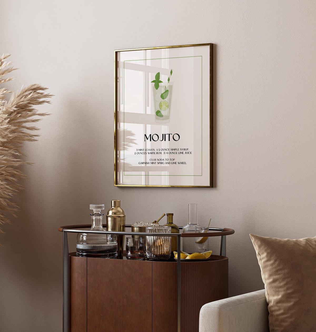 Bar pictures for wall framed mojito cocktail illustration with green details over sideboard with barware