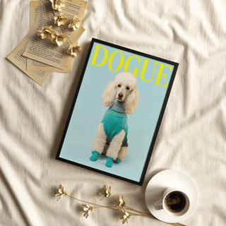 Framed Pet Wall Decor featuring a white poodle in a teal sweater on a light blue background alongside dried flowers and coffee
