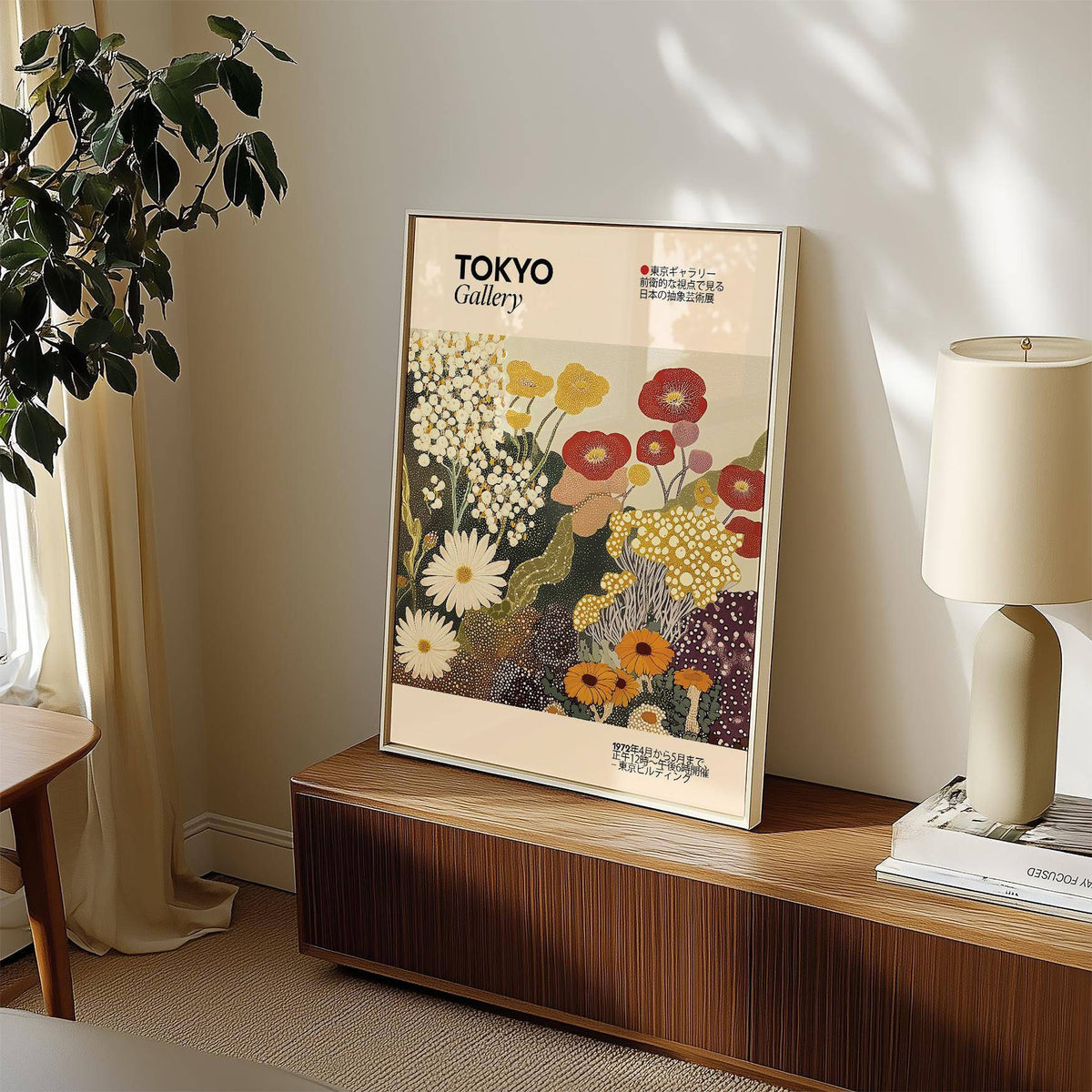 Wildflower wall art styled as a Japanese woodblock print with warm floral colours in a sunlit room beside a lamp