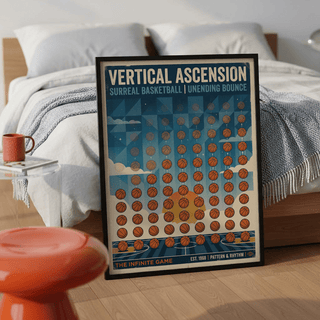Abstract Sports wall art illustrating a vintage basketball bounce pattern leaning against a bed with white bedding and a grey throw