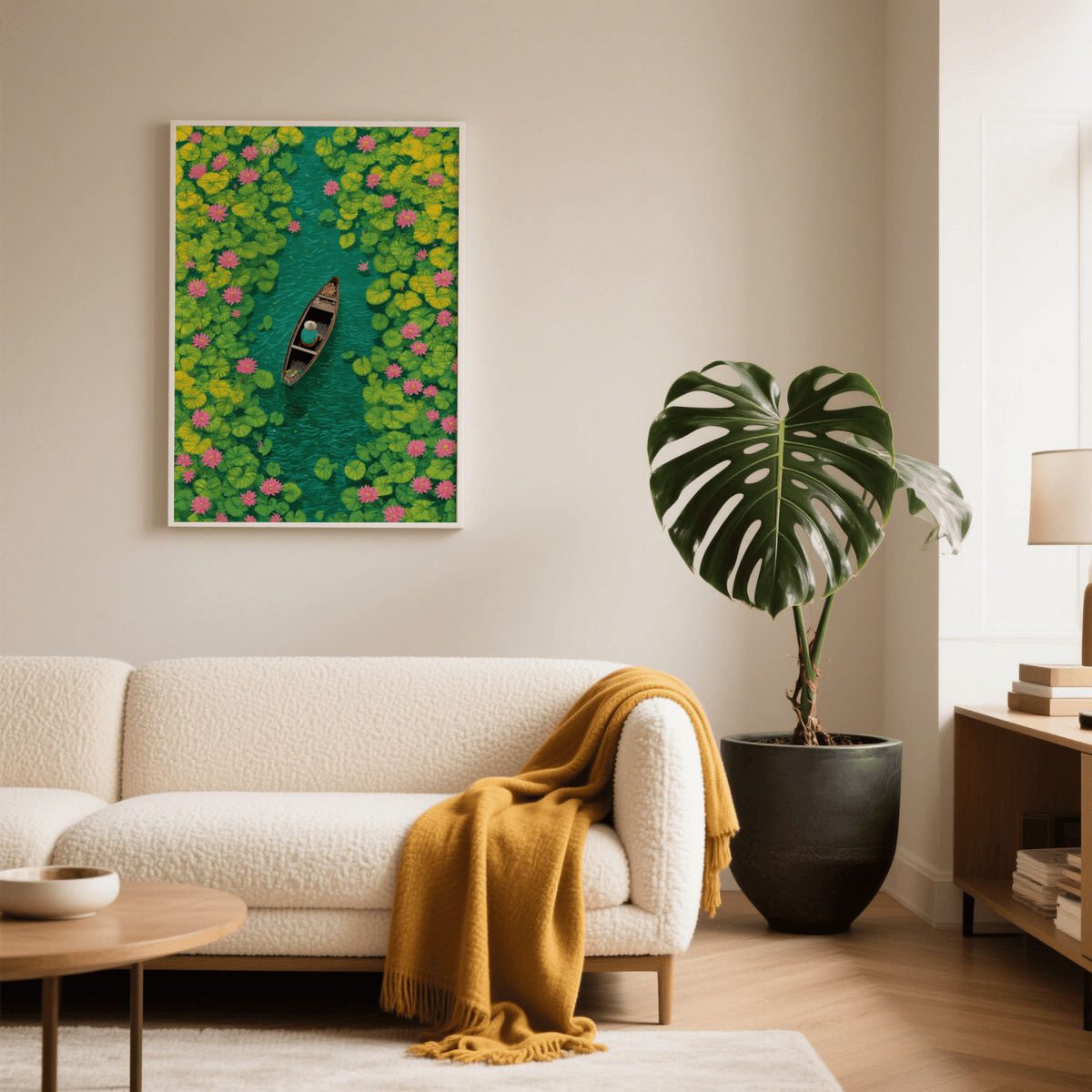 Colorful Water Lily Poster print on a living room wall with green leaves and pink flowers next to a large potted plant