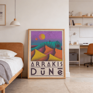 Desert Dunes Sci-Fi Poster leaning on the floor with colorful dunes and a large worm in a bedroom