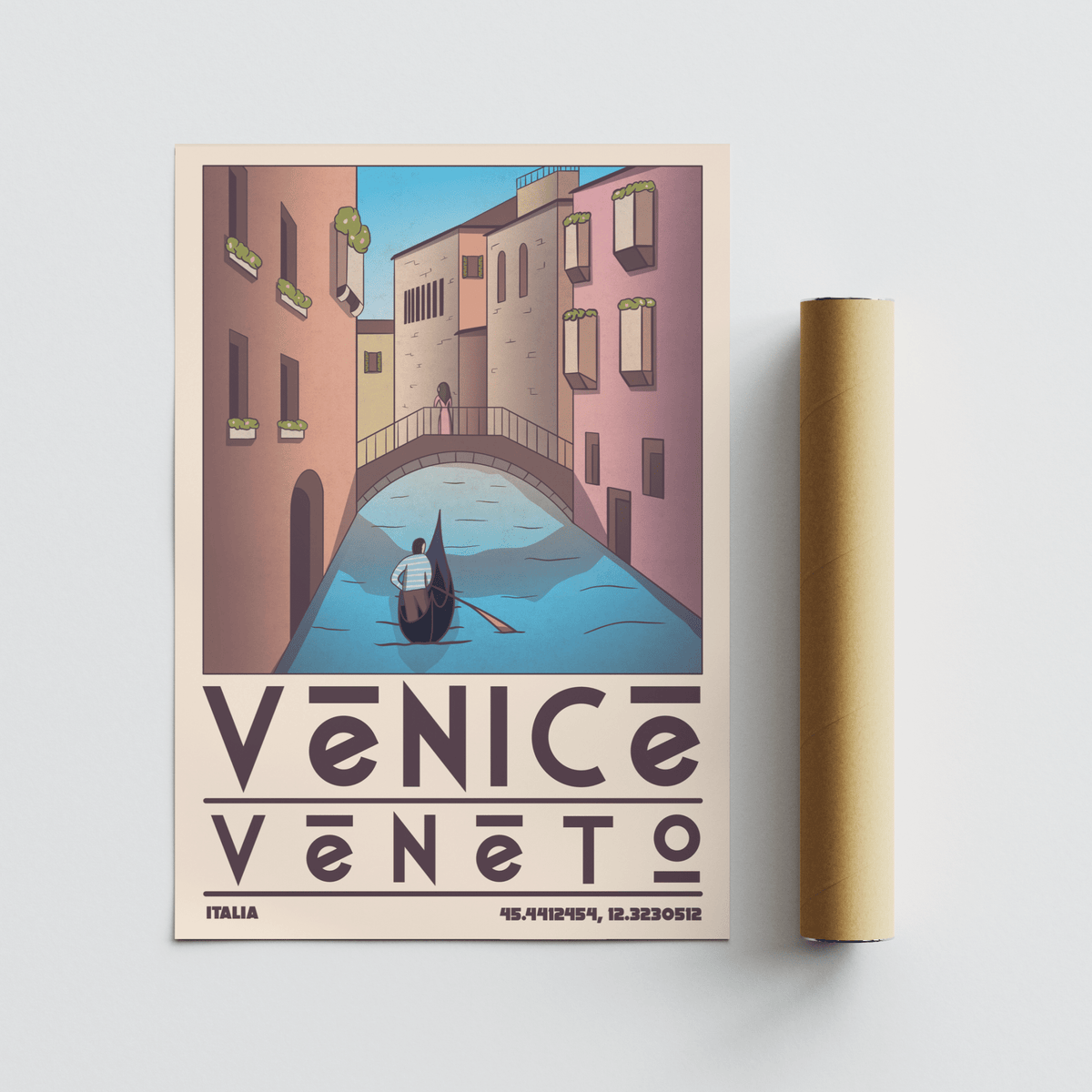 Venice Travel Poster showing a gondola on a canal with pastel buildings and a packaging tube beside