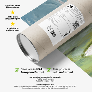 Packaging tube with label and a rolled poster of an abstract watercolour golf ball on fairway artwork