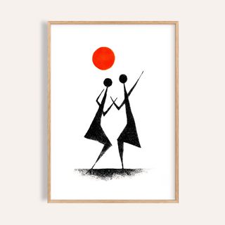 Framed Warli Folk Art Print of two black tribal dancers with an orange circle on white background