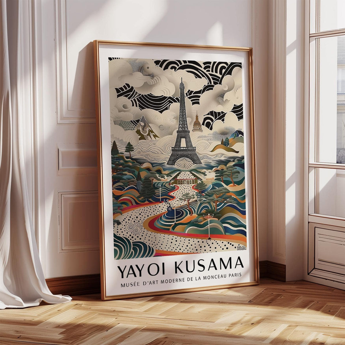 Eiffel Tower print leaning on floor with gold frame by a tall window showing detailed illustration and muted colours