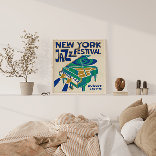 New York Jazz Festival Print on a wall above a sofa with beige and white cushions in a bright room