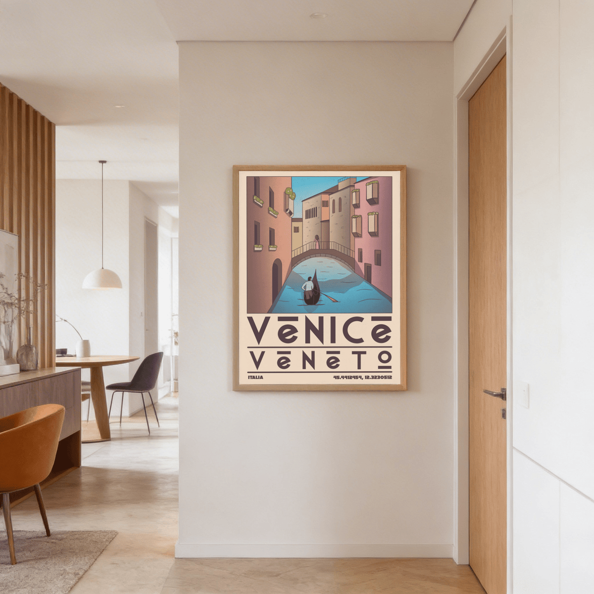 Venice Travel Poster print of a vintage gondola on a canal with pastel buildings in a hallway