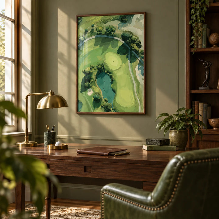 Aerial Golf Landscape Poster, framed on the wall of a warm golfer's study