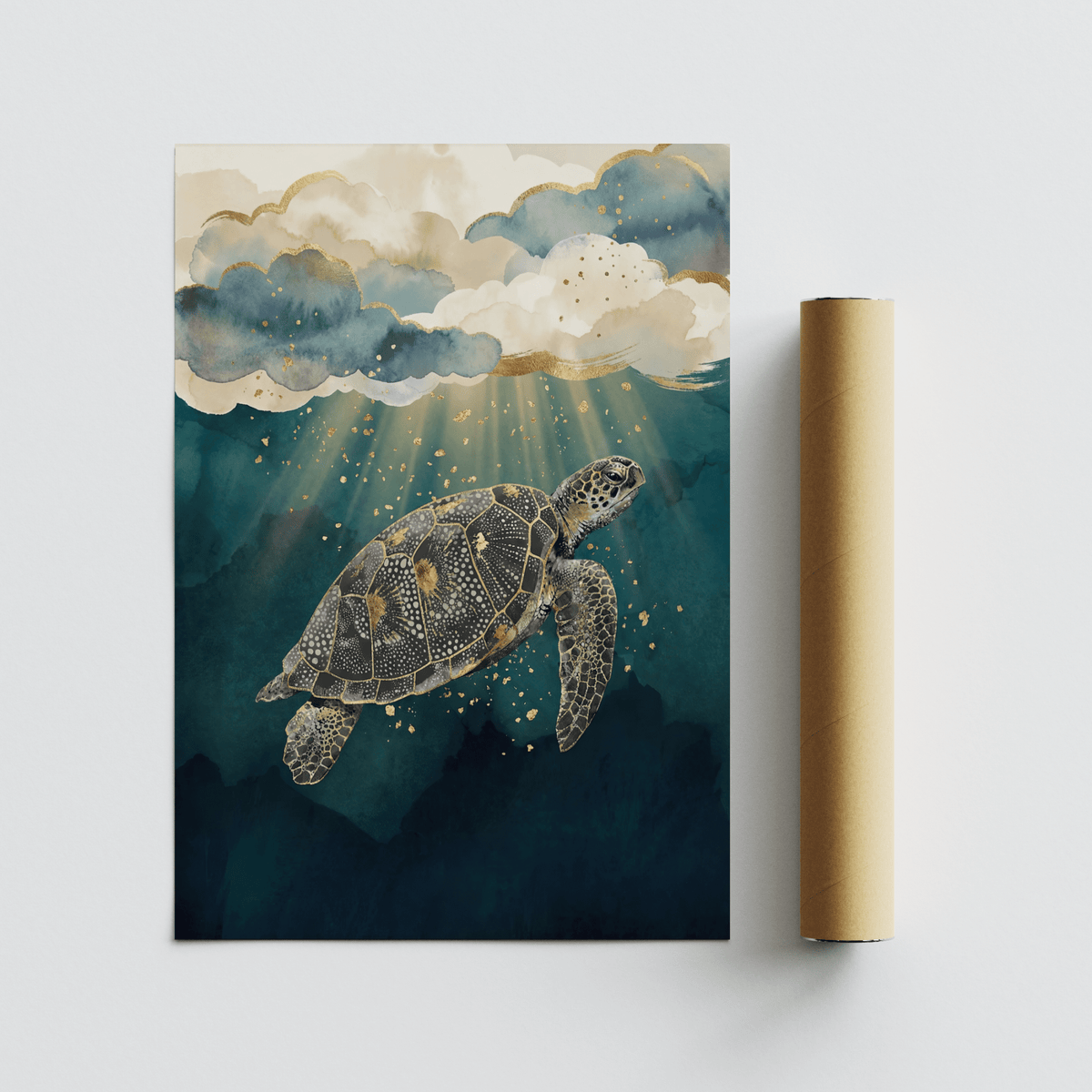 Ocean print decor of a sea turtle in teal water beside a packaging tube