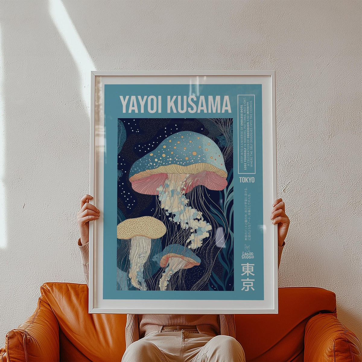 Unique Art Prints framed print close-up of jellyfish illustration with blue and pink tones held by a person