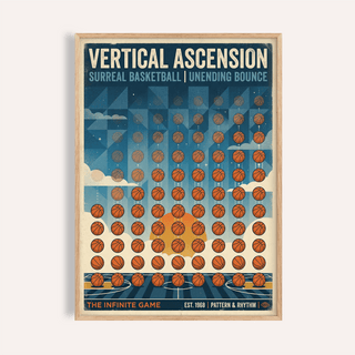 Framed print of abstract sports wall art showing segmented basketball bounce pattern in blue and orange tones