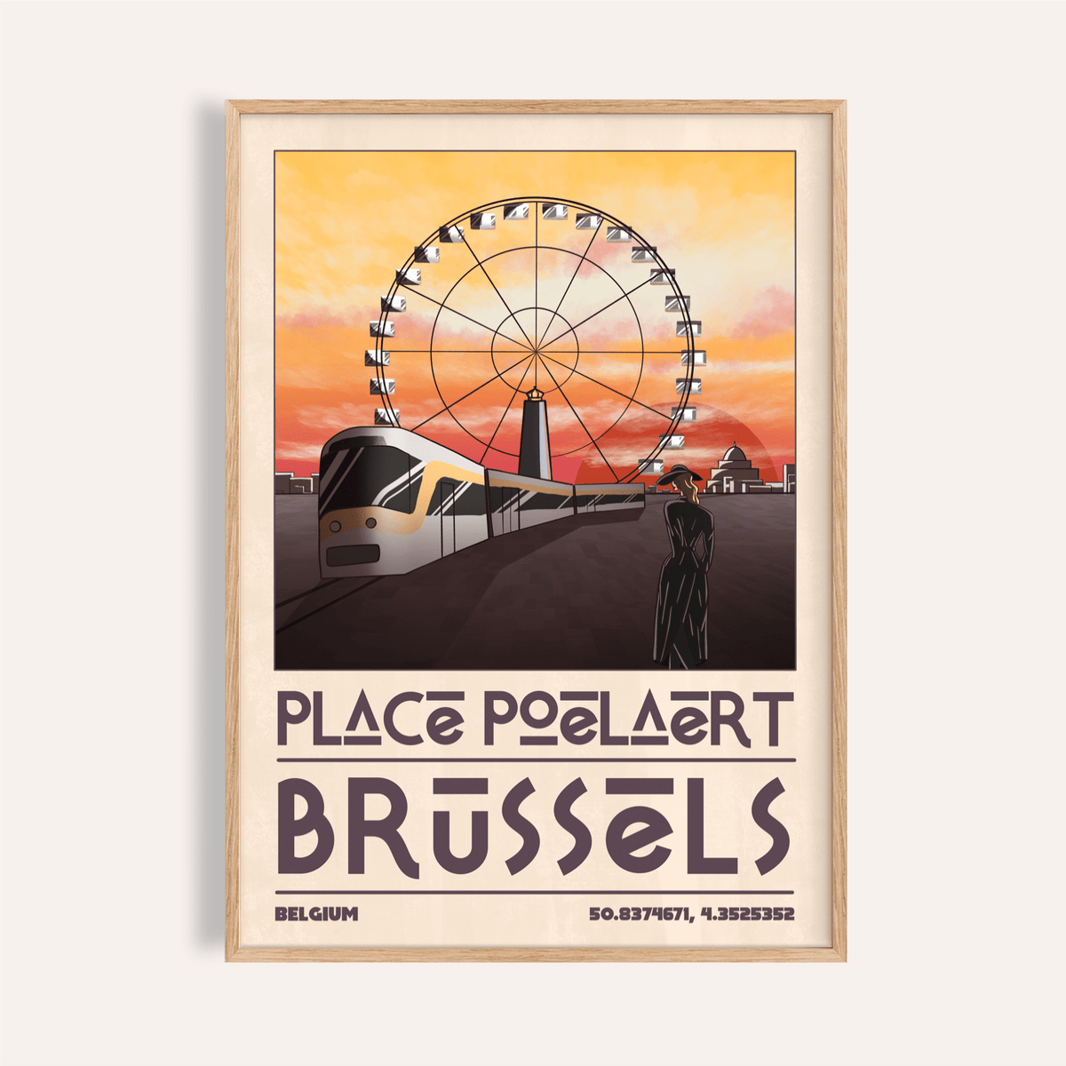 Framed Brussels Cityscape Art Print shows ferris wheel and tram with orange sky in beige frame