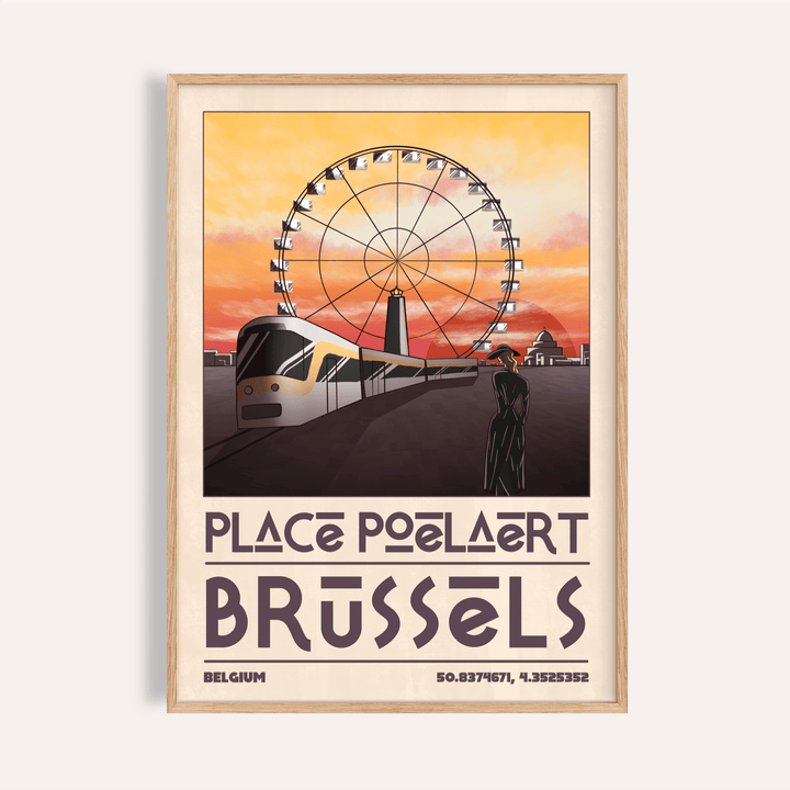 Framed Brussels Cityscape Art Print shows ferris wheel and tram with orange sky in beige frame