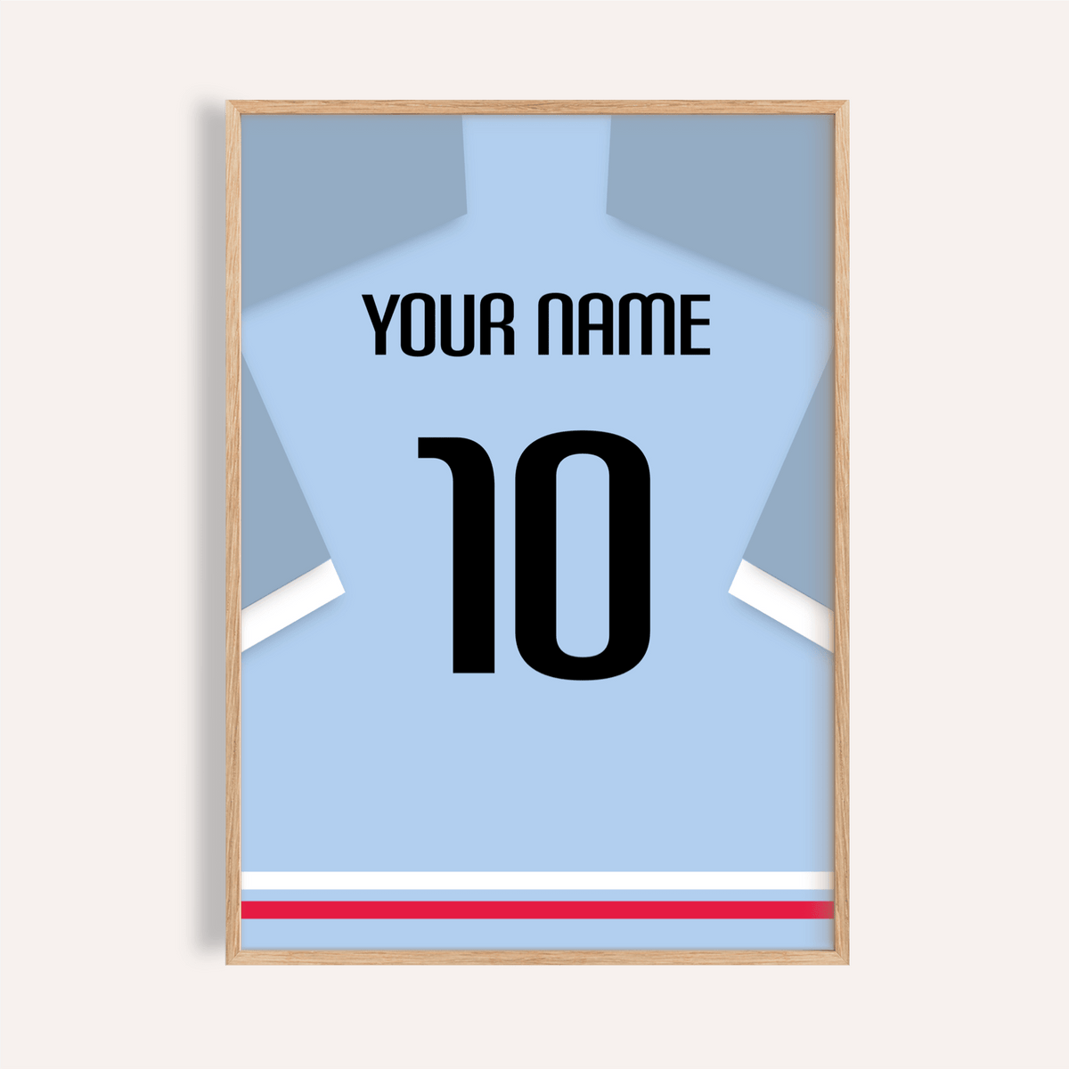 Framed print close-up of a light blue football shirt with black number 10 and minimalist style