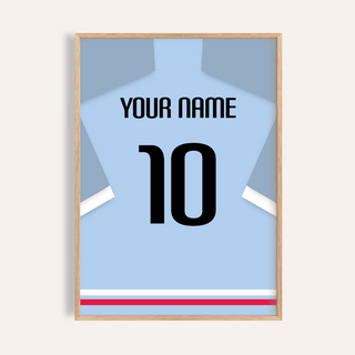 Framed print close-up of a light blue football shirt with black number 10 and minimalist style