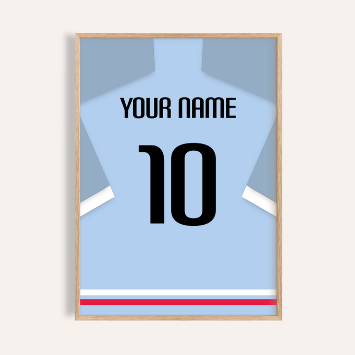 Framed print close-up of a light blue football shirt with black number 10 and minimalist style