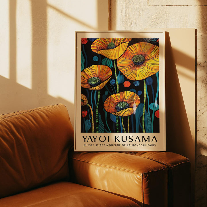 Art of Poppies framed print with yellow poppy flowers and blue dots leaning on a leather sofa