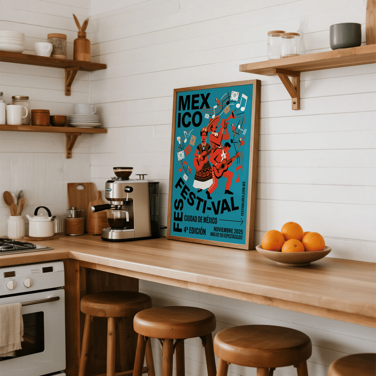 Mexican Festivity Art Print leaning on a kitchen counter with wooden stools and fruit bowl nearby