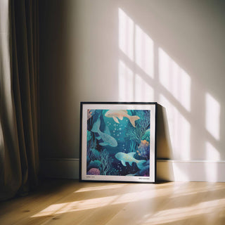 Wall Art Fish print of spotted fish in varied blue shades leaning against a wall with sunlight