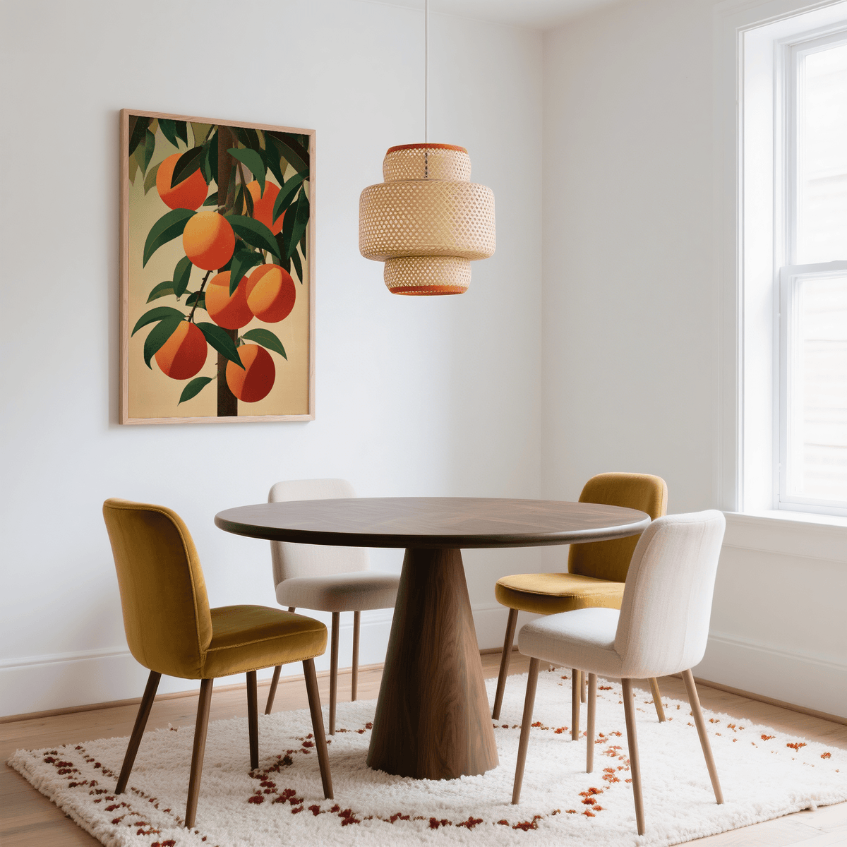 Orange Tree Art print with vibrant orange fruit and green leaves above dining table with chairs