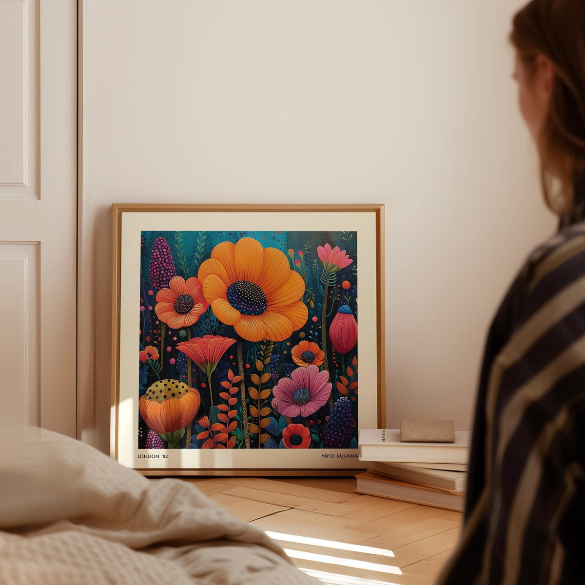 Japanese Modern Art print of orange and pink flowers leaning on a floor near books