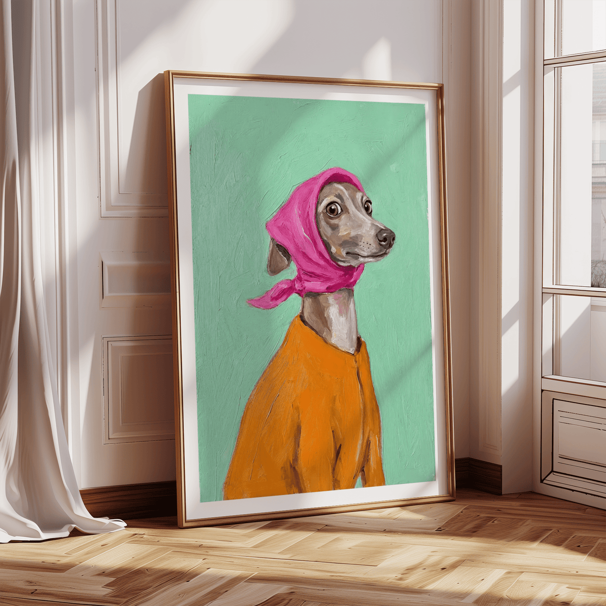 Greyhound poster leaning against a white wall with sunlight and wooden floor visible
