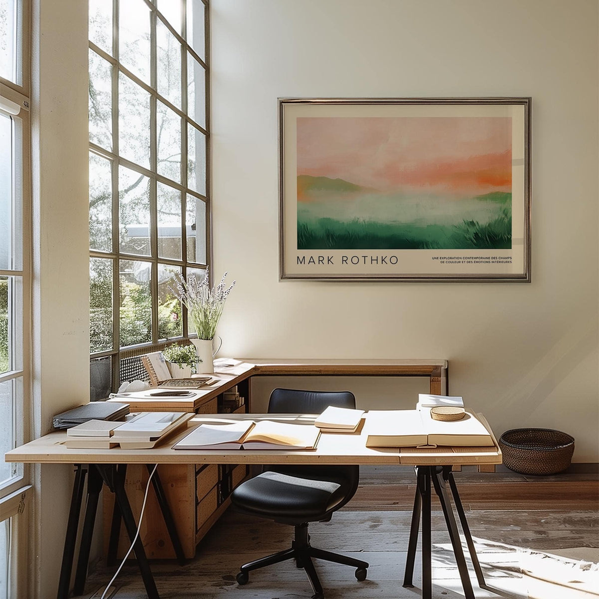Pastel Colored wall art showing abstract landscape in soft pink and green over a desk with chair