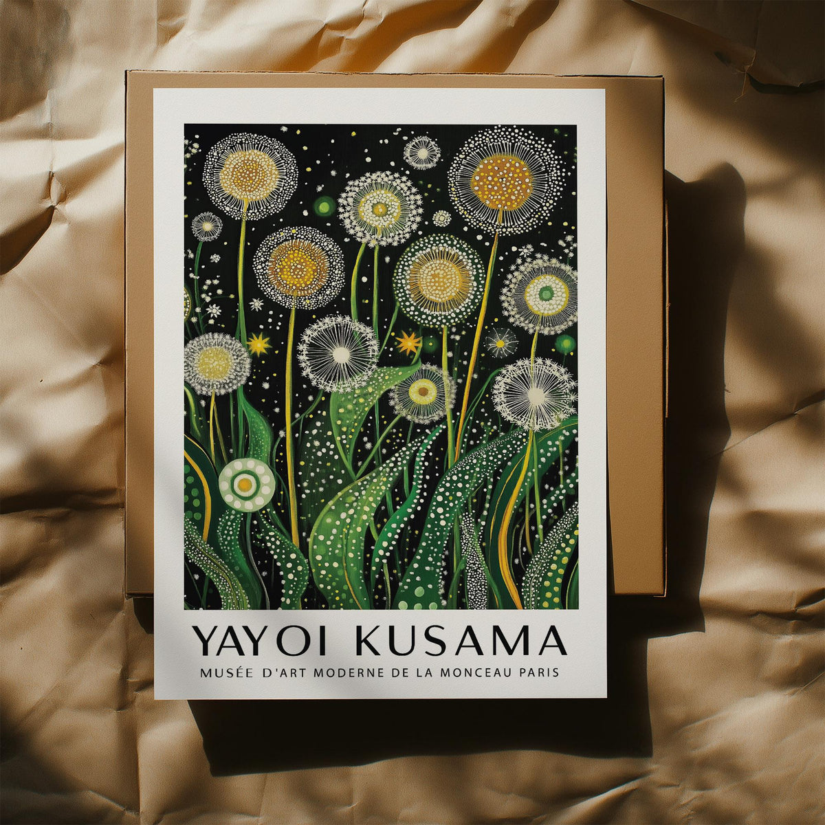 Golden dandelions illustration in contemporary style with gold and green shades on packaging